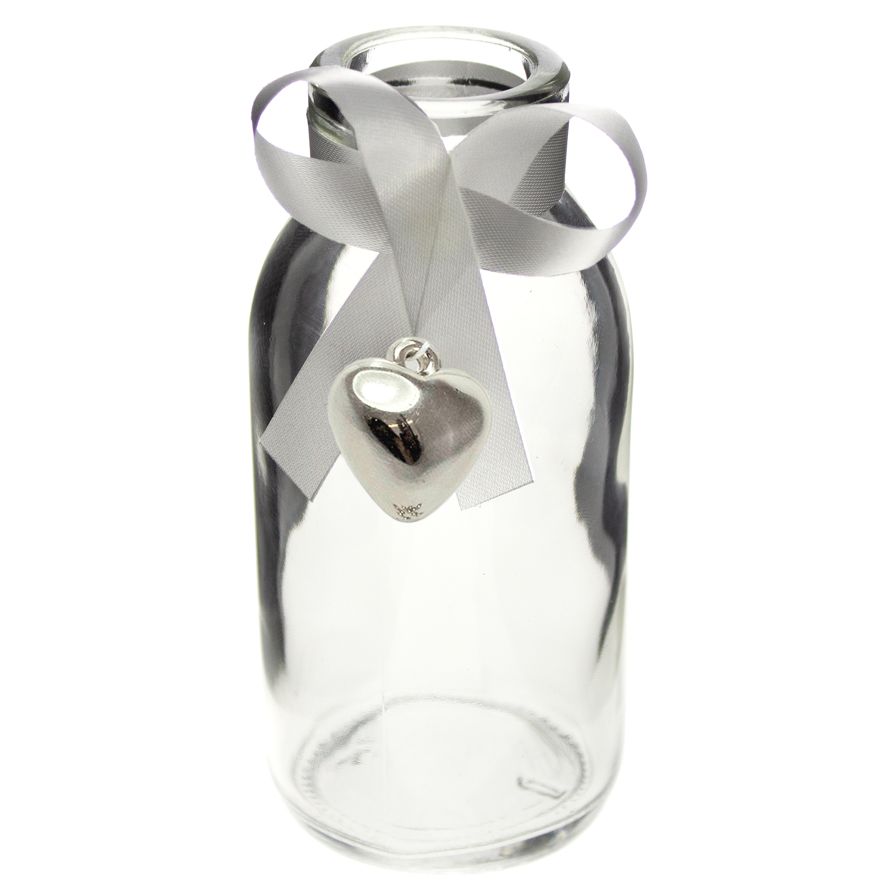 12 x Glasfläschchen - Vasen H 10,5 cm inkl. 12 Herzen mit Öse zum Verzieren