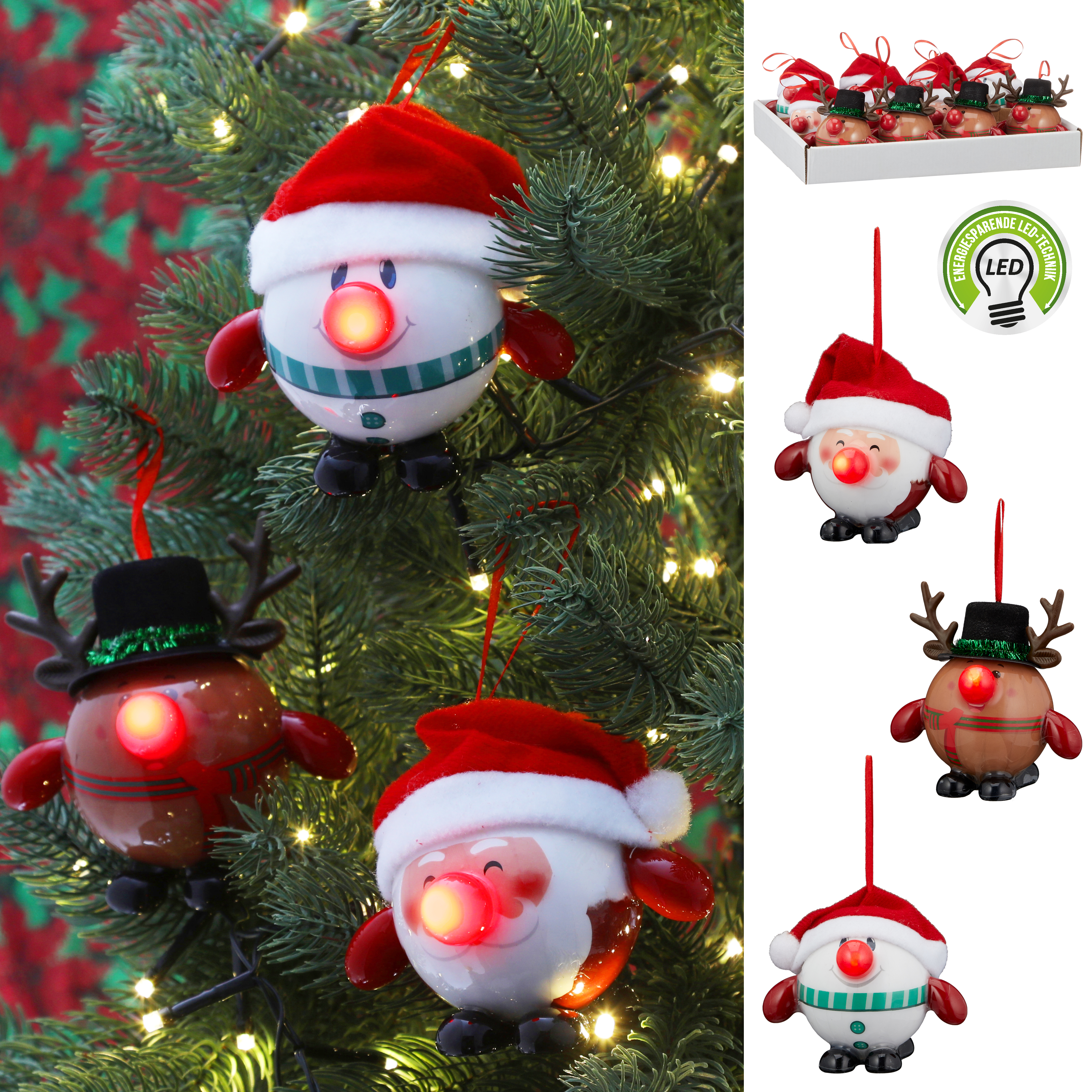 3 x LED Christbaumschmuck mit blinkender LED Nase Ø 10 cm