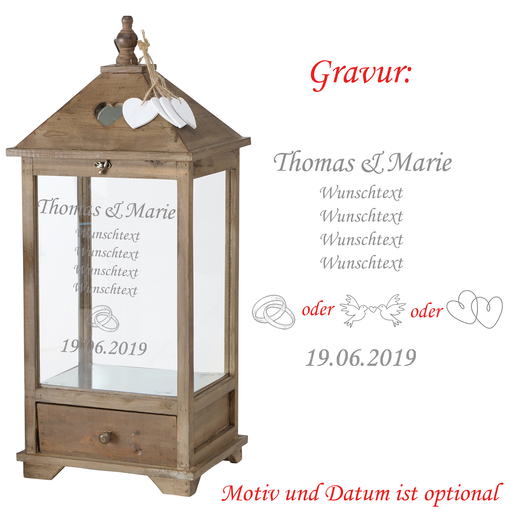 Laterne "Mirano"aus Holz mit persönlicher Gravur zur Hochzeit oder mit Wunschtext