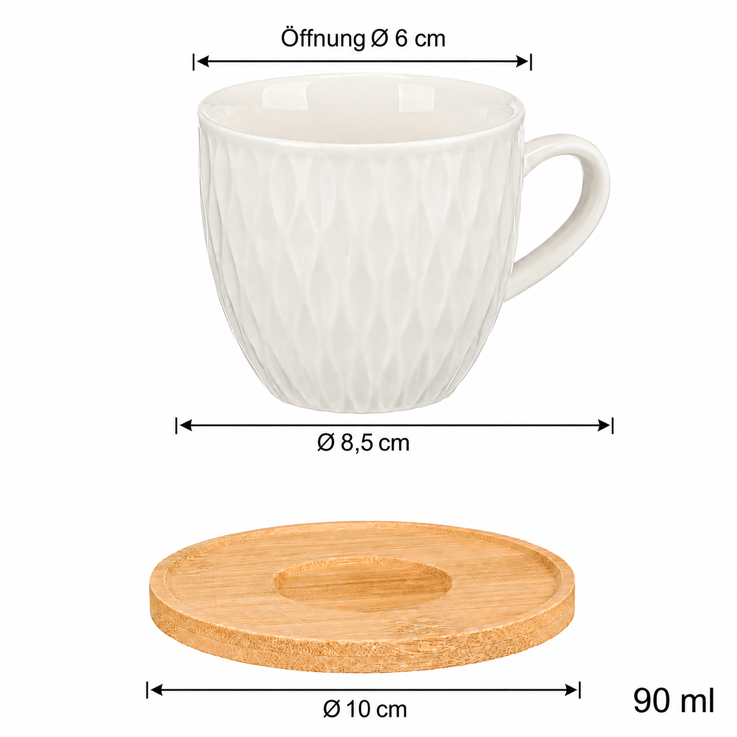 6 x Kaffeetassen "Elina" mit Bambus-Unterteller 90 ml
