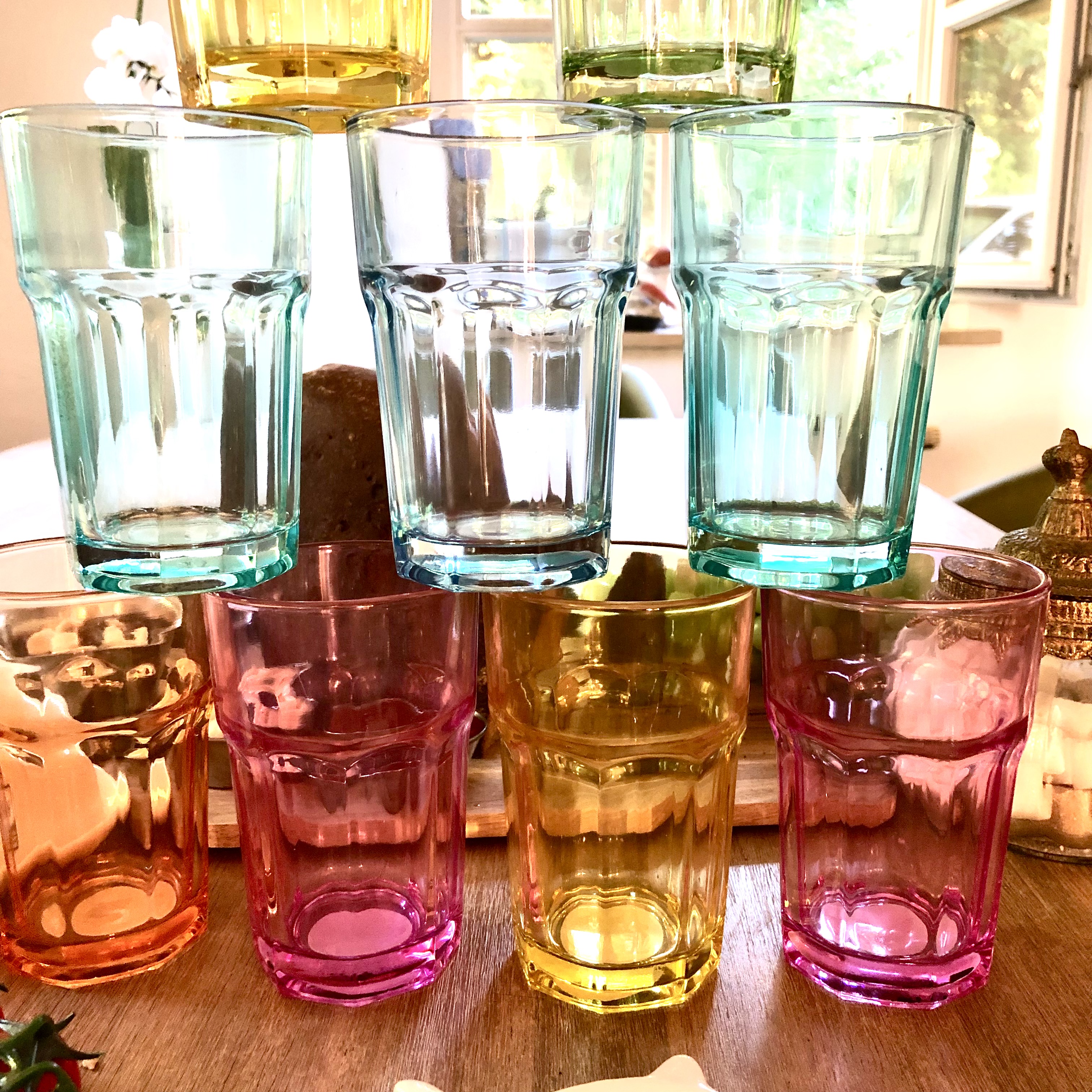 6 x Trinkgläser aus buntem Glas 300 ml - H 9,5 cm