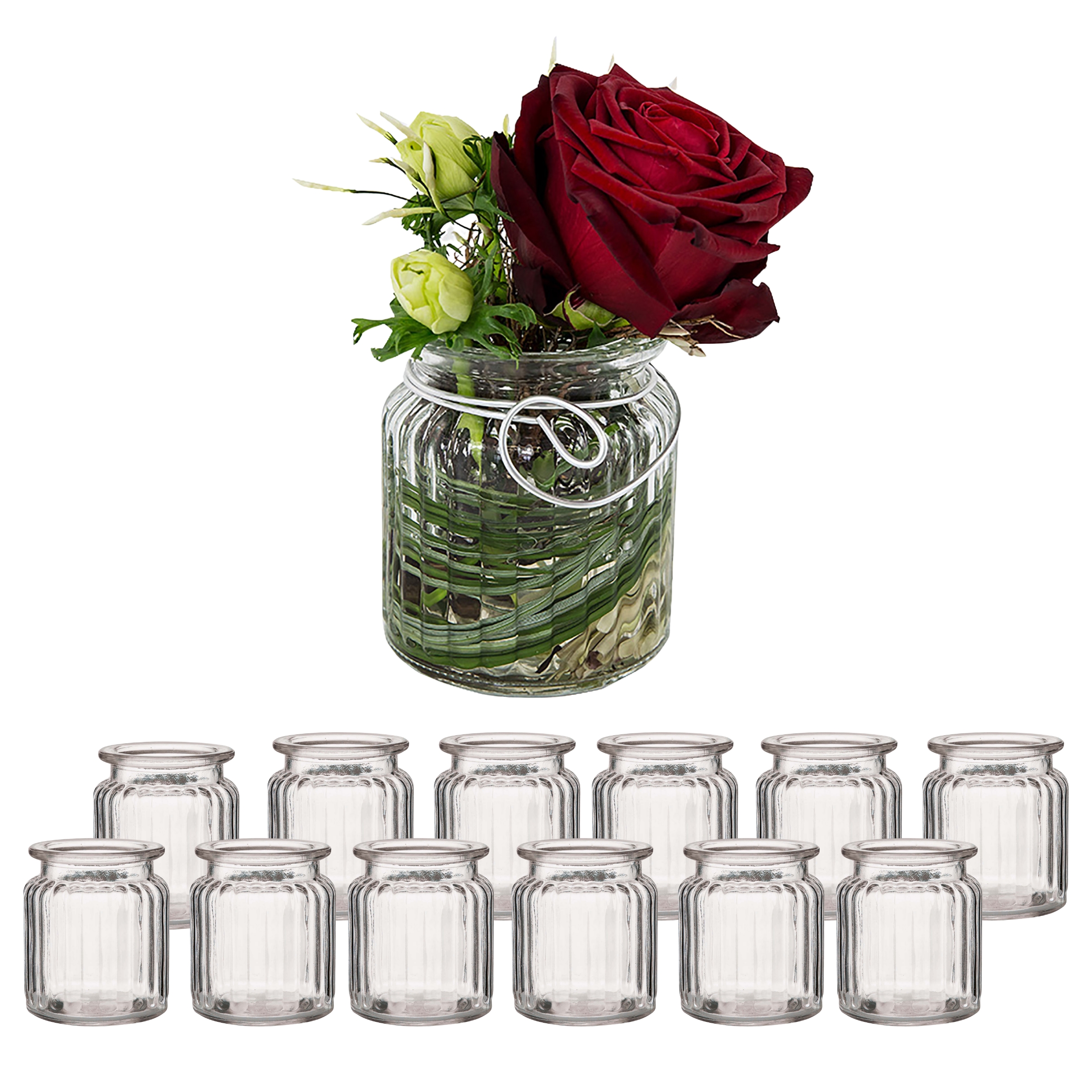 12 x Windlichter aus Glas geriffelt H 9 cm