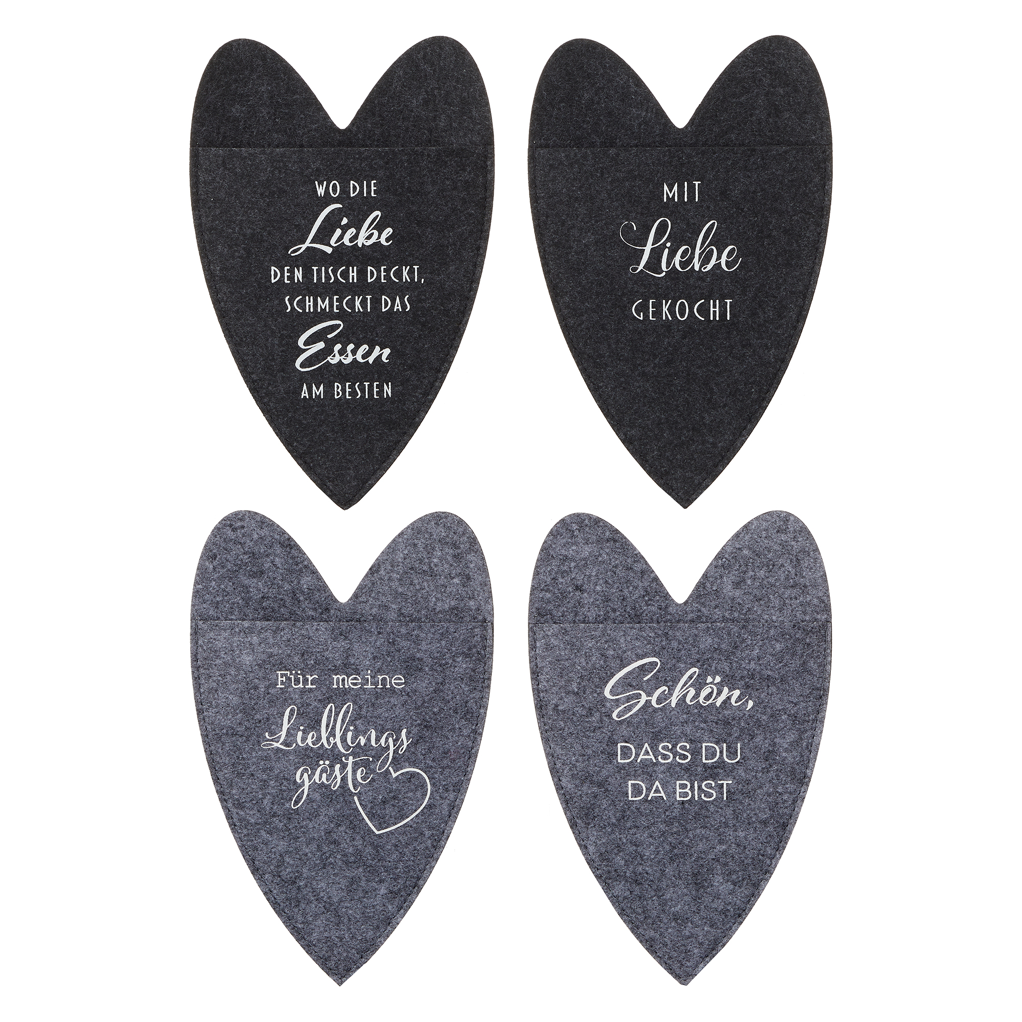 6 x Bestecktasche aus Filz in Herz- oder rechteckiger Form mit Spruch 15 x 23 cm