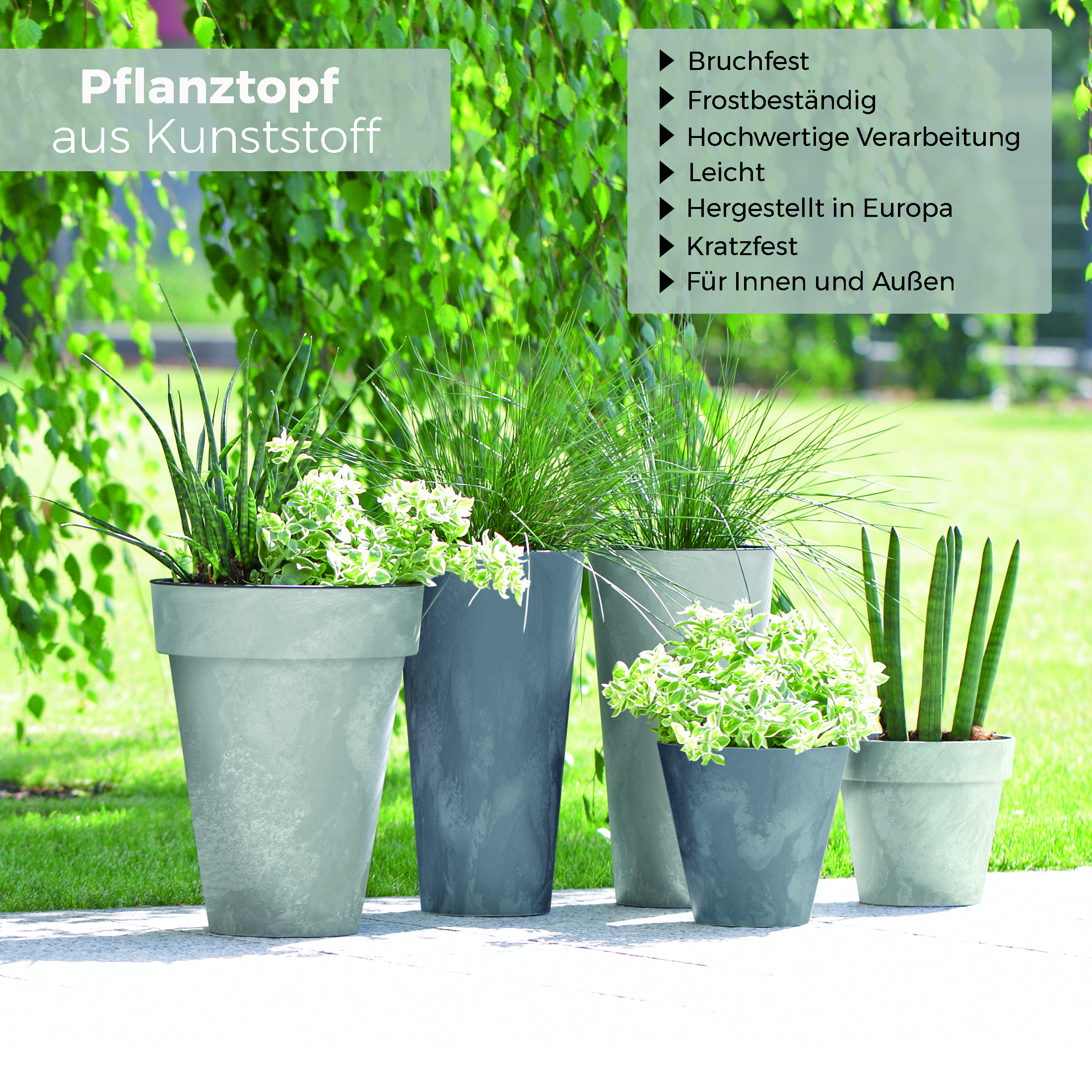 Blumentöpfe in Beton-Optik aus wetterfestem Kunststoff