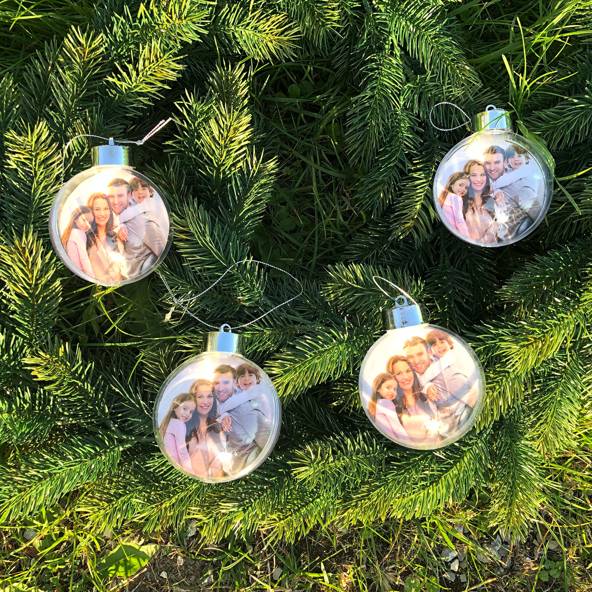 4er Set Fotokugel mit Kordel zum Hängen - DIY - Ø 8 cm - Baumkugel für Geldgeschenk