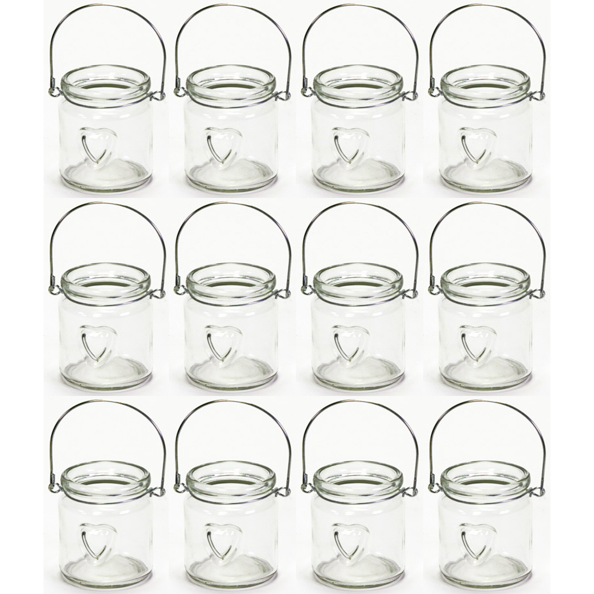 12 x Windlichter aus Glas "Herz" mit Henkel