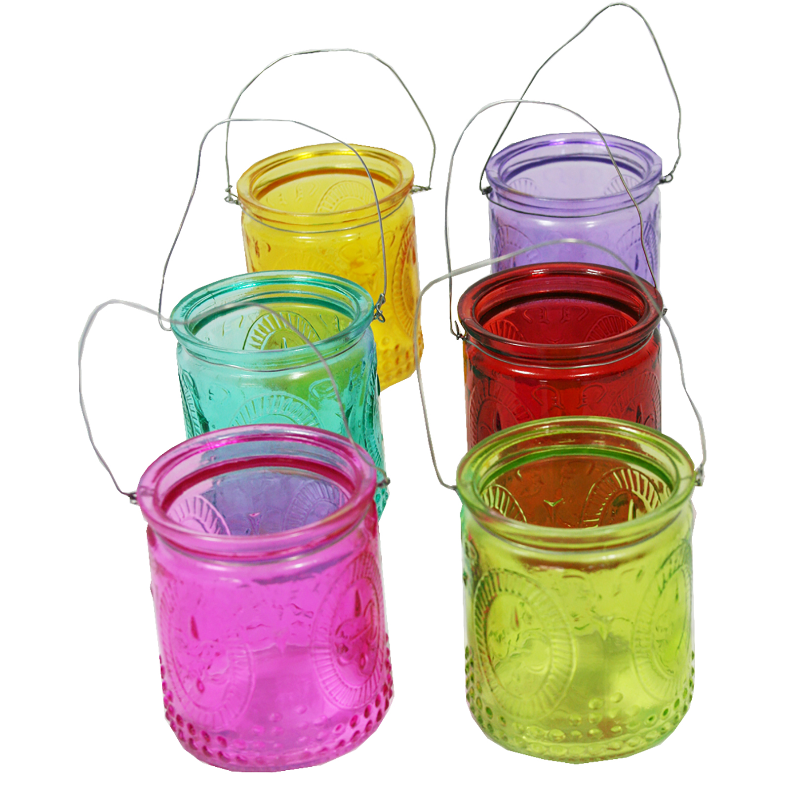 6 x Windlichter mit Henkel, bunt sortiert