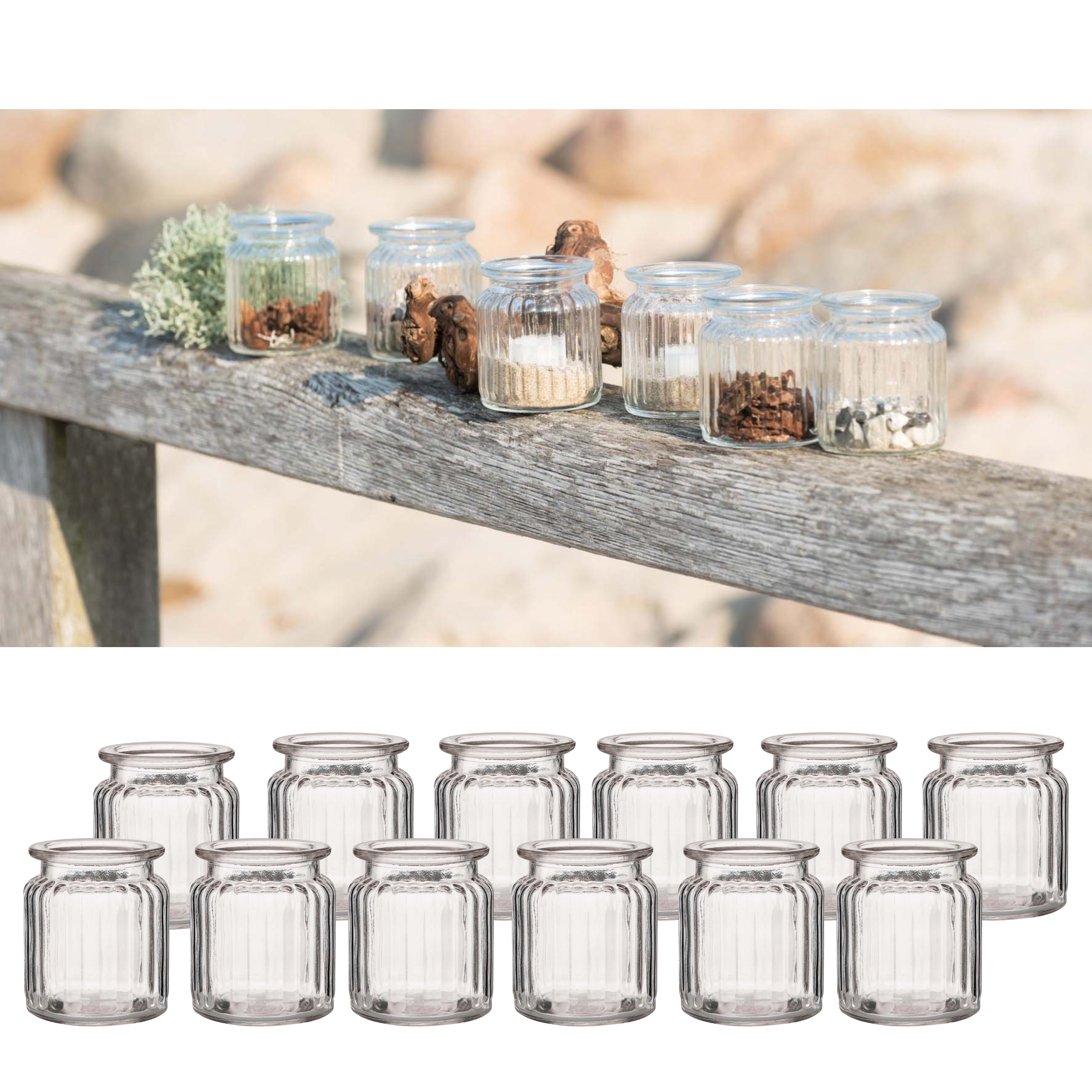 12 x Windlichter aus Glas geriffelt H 9 cm