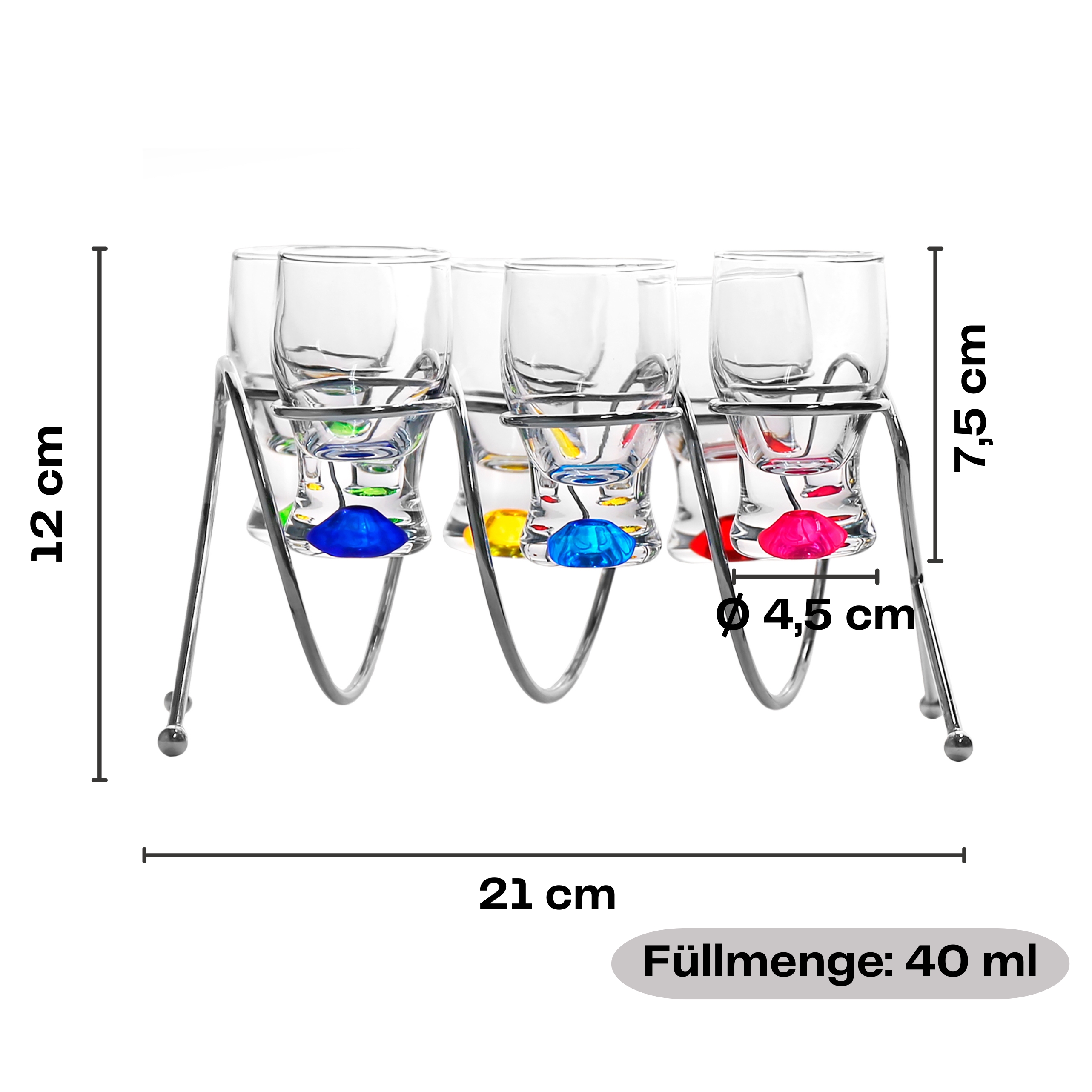 7-tlg. Set Schnapsgläser 40 ml mit buntem Boden und Metallständer