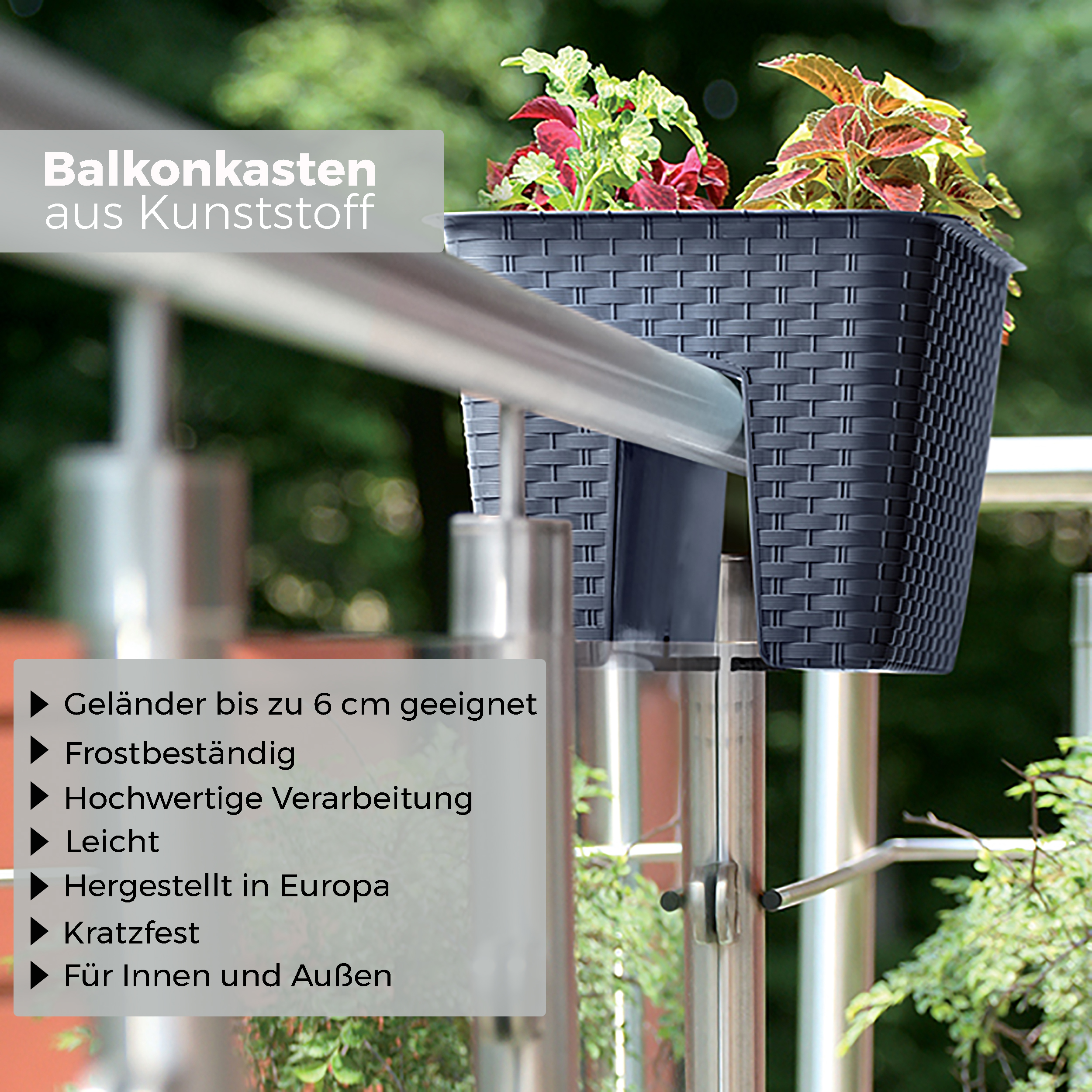 Ratolla "Square" Blumenkasten für Geländer in Rattan-Optik