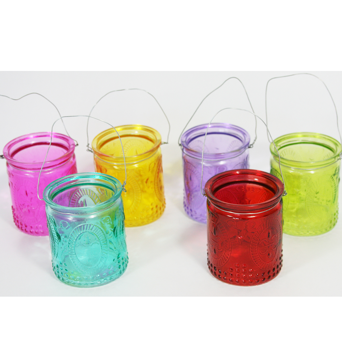 6 x Windlichter mit Henkel, bunt sortiert