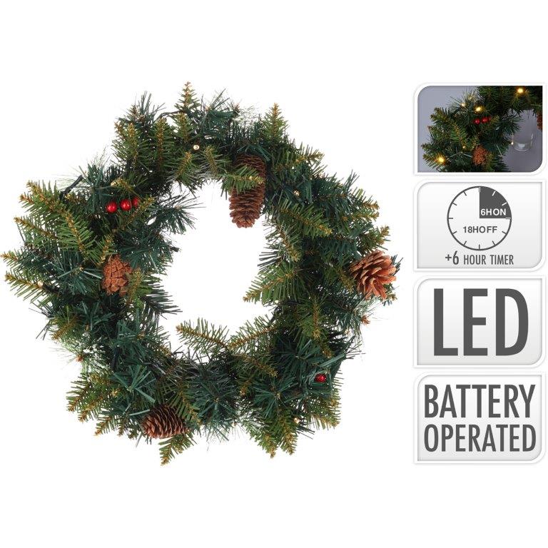 Künstlicher Kranz mit 15 LED´s - 6/18h Timer - Ø 30 cm - Batteriebetrieben
