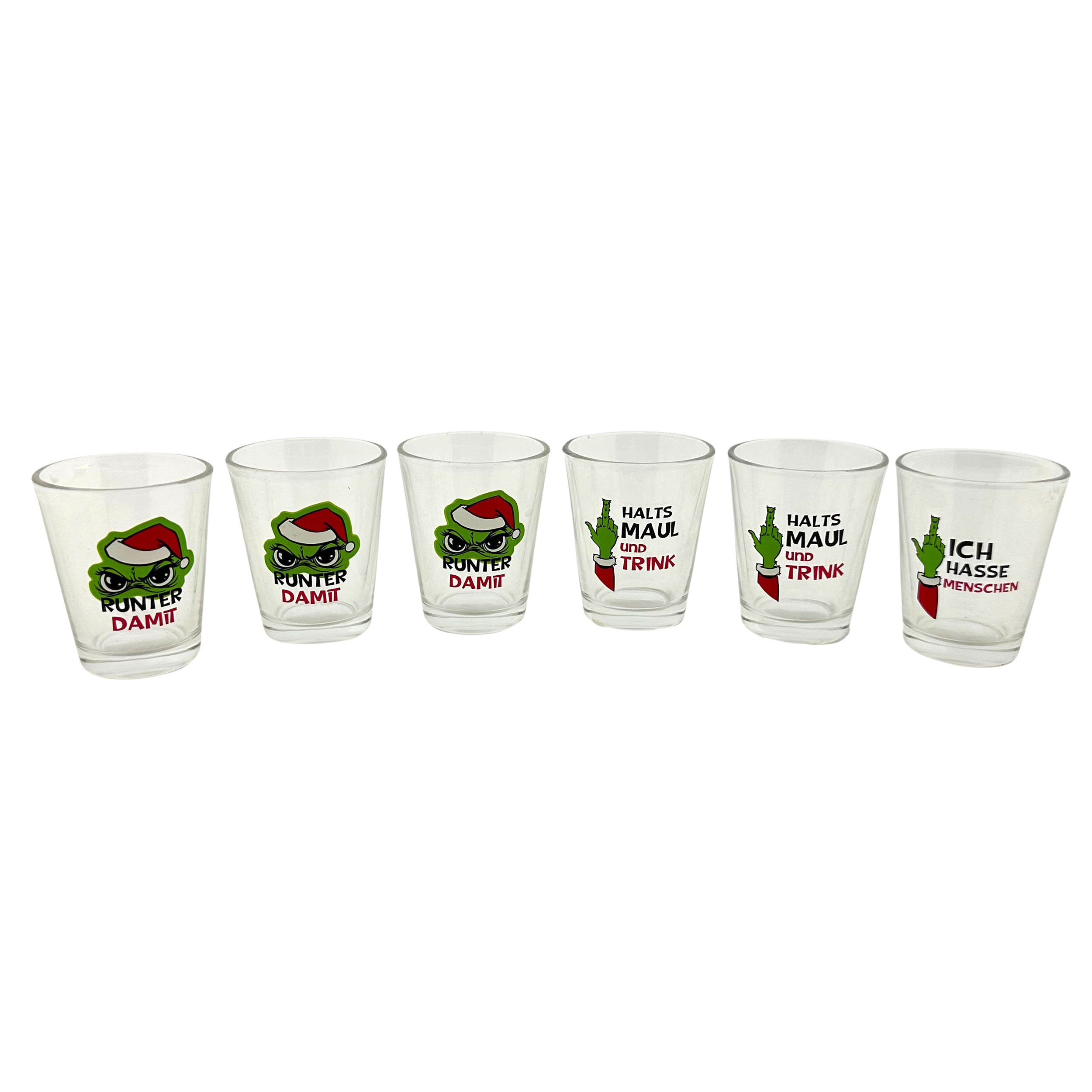 6 x Schnapspinnchen aus Glas "Festtags-Muffel" 40 ml - 3 Modelle