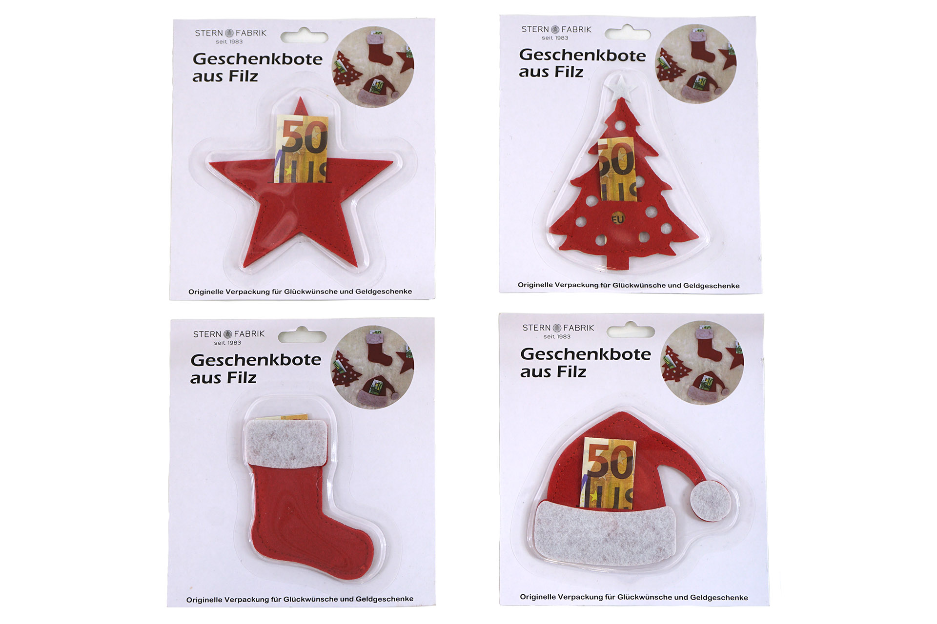 Weihnachtliche Filz-Applikationen für Geldgeschenke in verschiedenen Designs