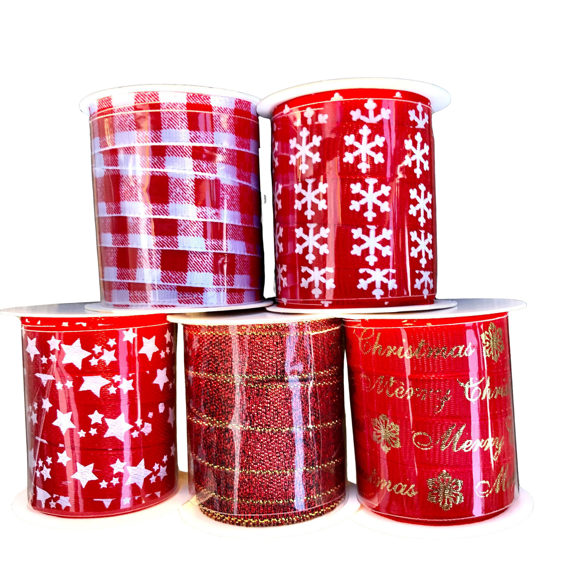 5 x Rollen Geschenkband-Schleifenband aus Stoff - verschiedene Designs 3 m x 1 cm/pro Rolle