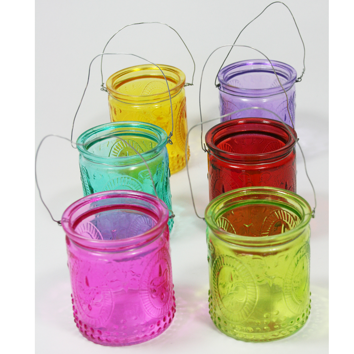 6 x Windlichter mit Henkel, bunt sortiert