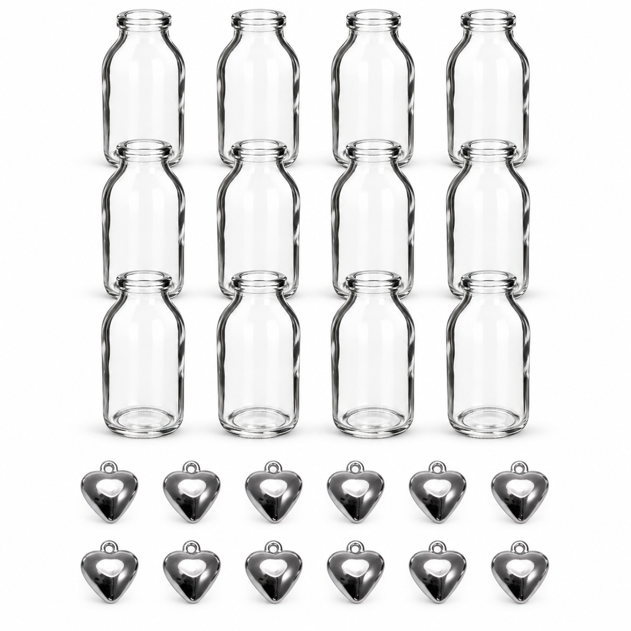 12 x Glasfläschchen - Vasen H 10,5 cm inkl. 12 Herzen mit Öse zum Verzieren