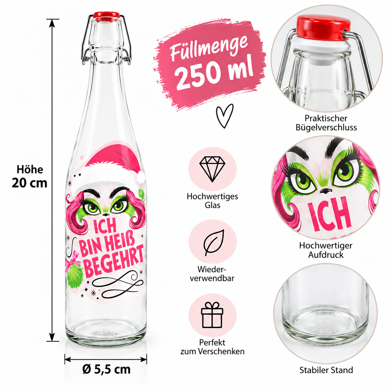 6er Set X-Miss Glasflaschen mit Lady Design in Pink - 250 m oder 500 ml