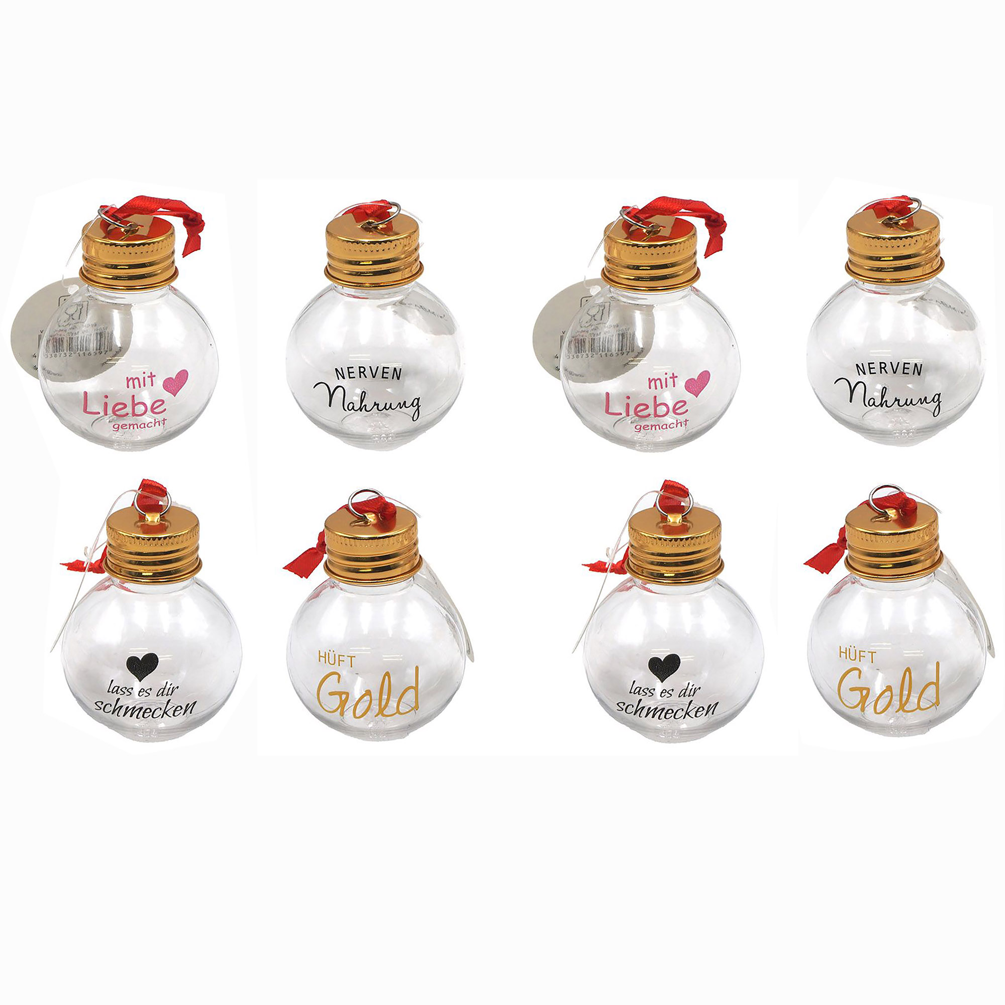 8-tlg. Set Likör-Weihnachtskugeln mit Spruch 50 ml