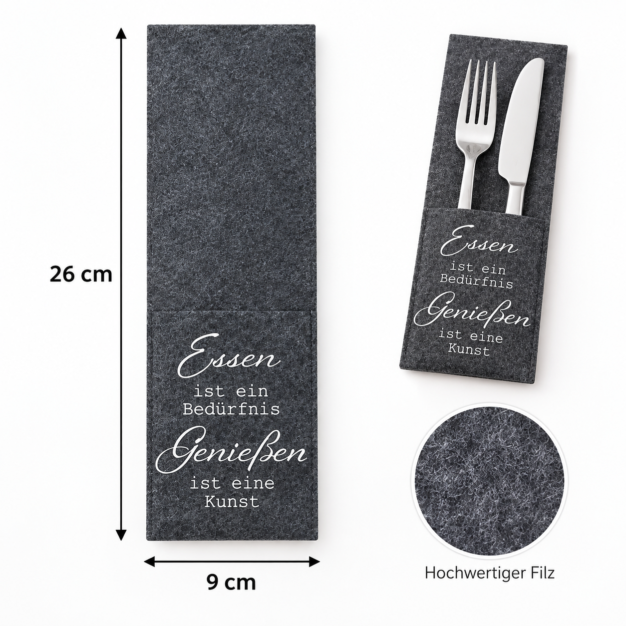 6 x Bestecktasche aus Filz in Herz- oder rechteckiger Form mit Spruch 15 x 23 cm