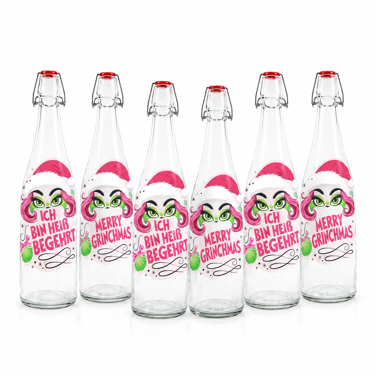 6er Set X-Miss Glasflaschen mit Lady Design in Pink - 250 m oder 500 ml
