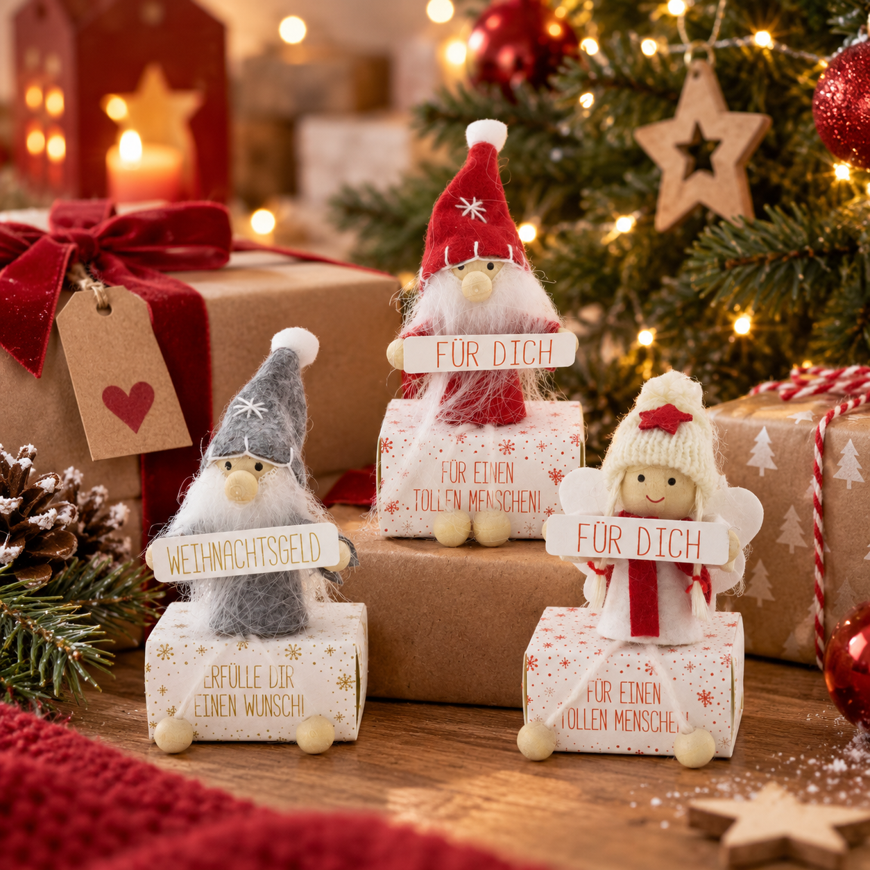 Wichtel "Weihnachtsgeld" auf Box für Geldgeschenke 4 x 5 x 10 cm