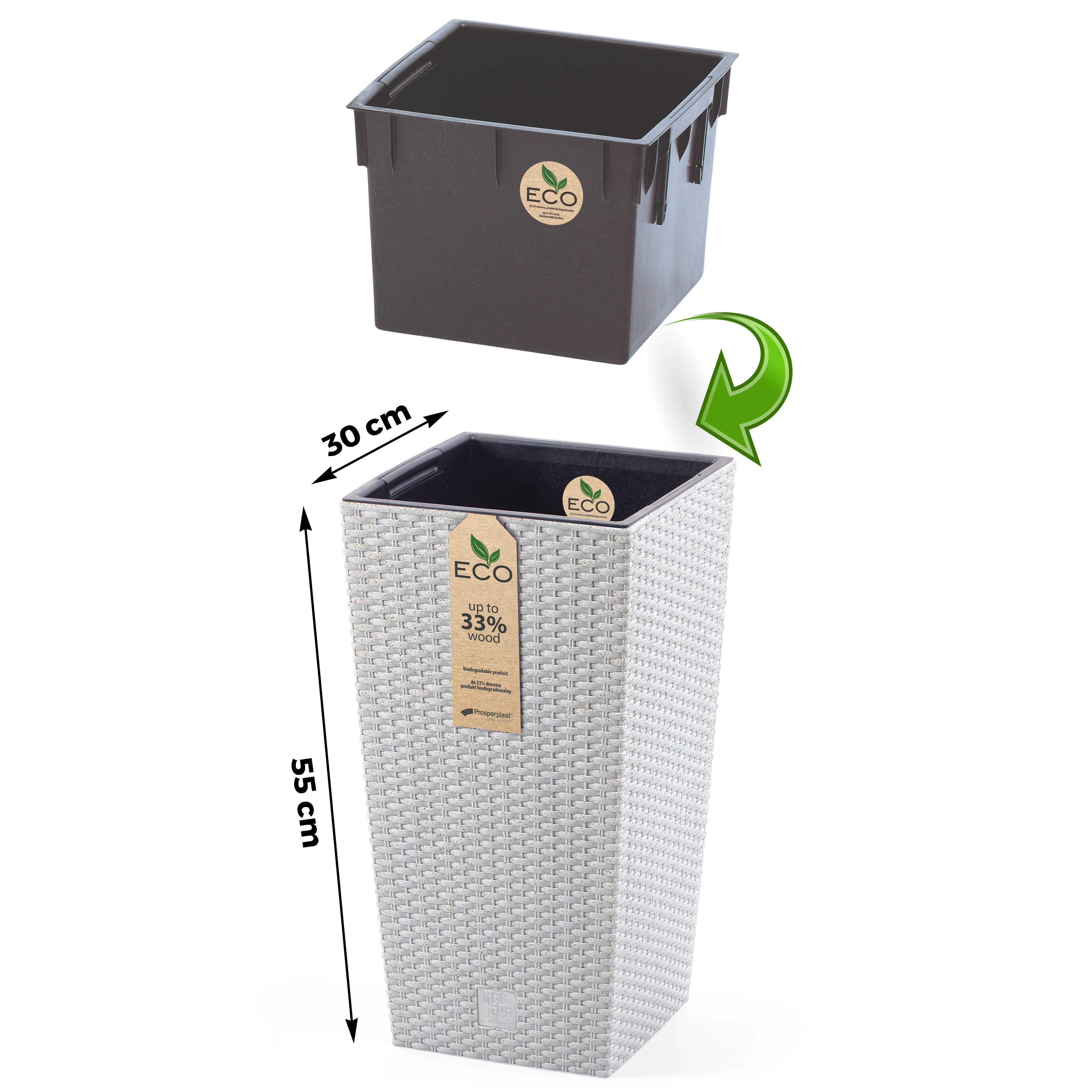 Pflanzsäule im Rattan-Look und Eco-Ausführung mit 33% Holzanteil inkl. Innentopf