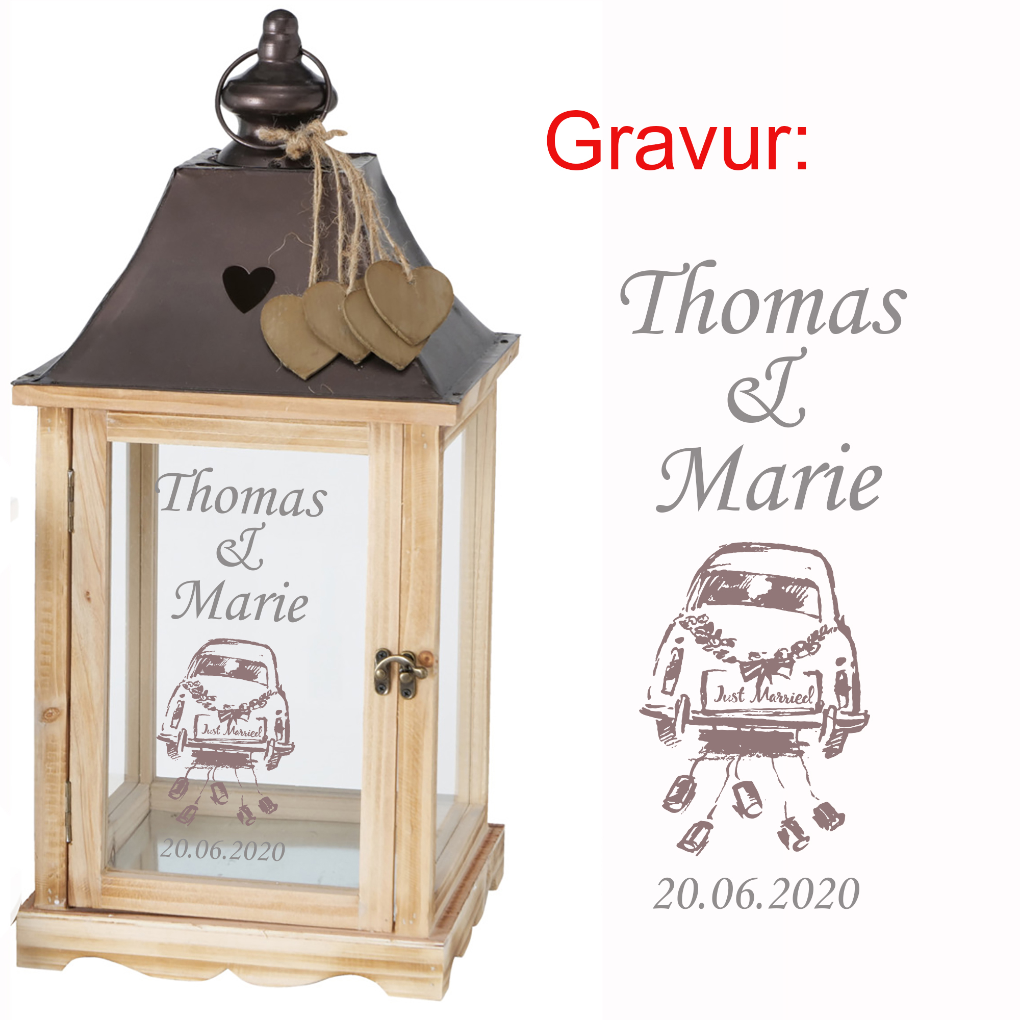 Laterne "Salzburg" aus Holz mit persönlicher Gravur zur Hochzeit H 40/54 cm