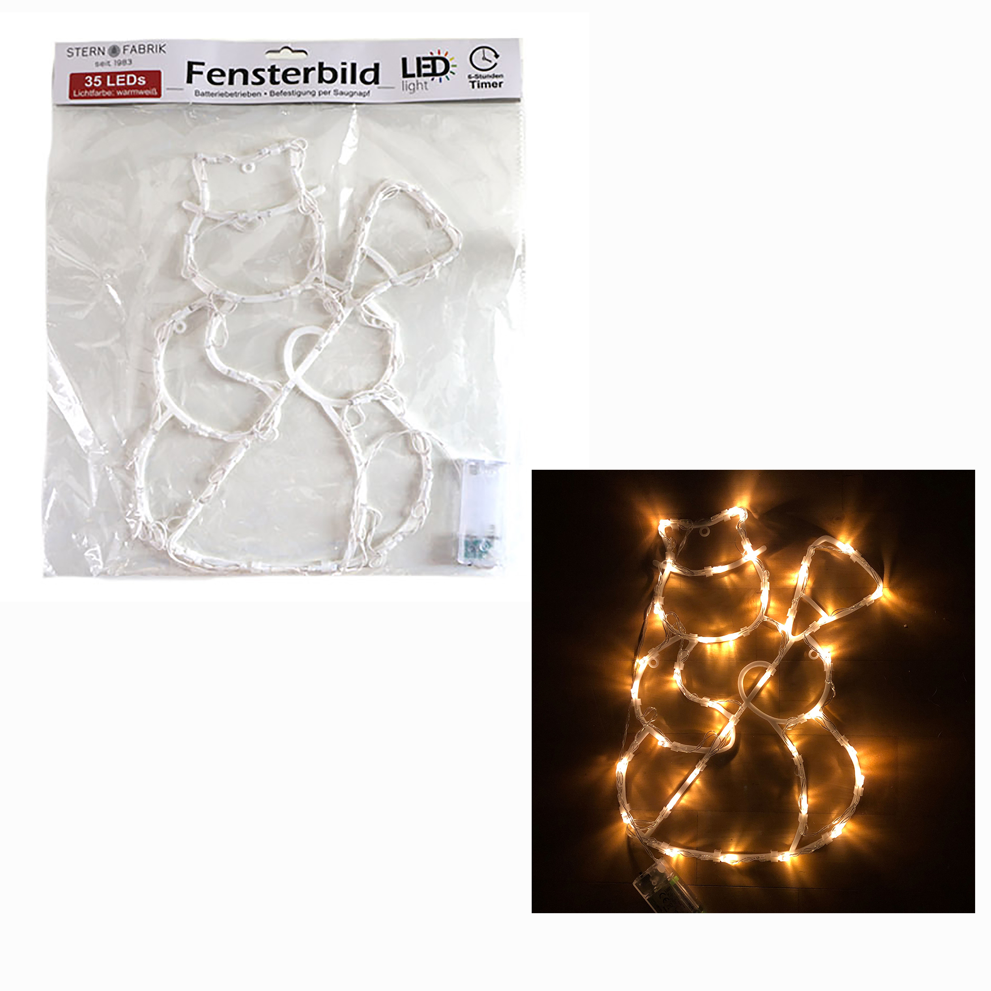 LED Fensterbild - 35 LED´s warmweiß - batteriebetrieben mit Timer - 34 cm