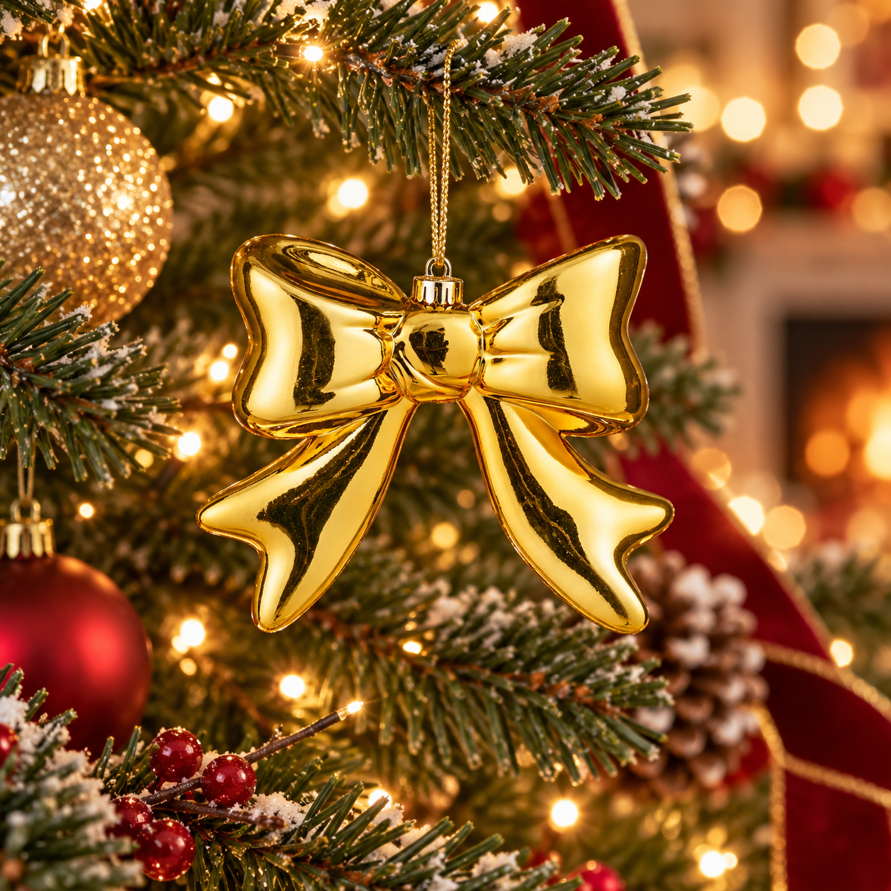 Weihnachtliche Schleifen aus Kunststoff 3D Rot Gold zum Aufhängen 8,5 oder 20 cm