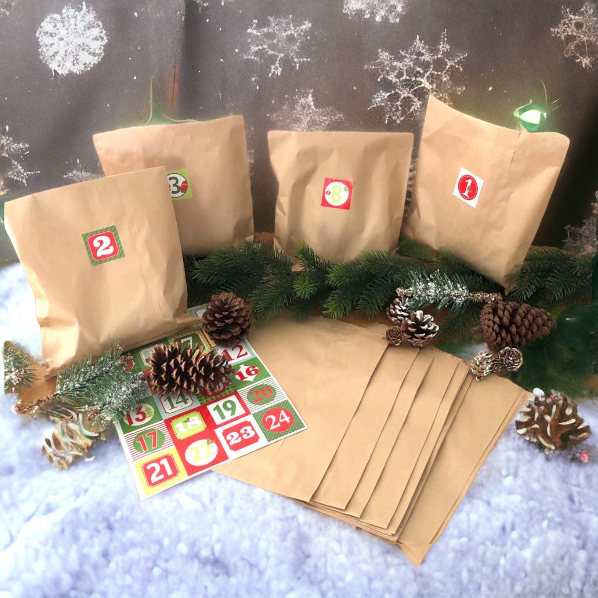 DIY Adventskalender mit 24 braunen Beuteln und Zahlensticker von 1-24