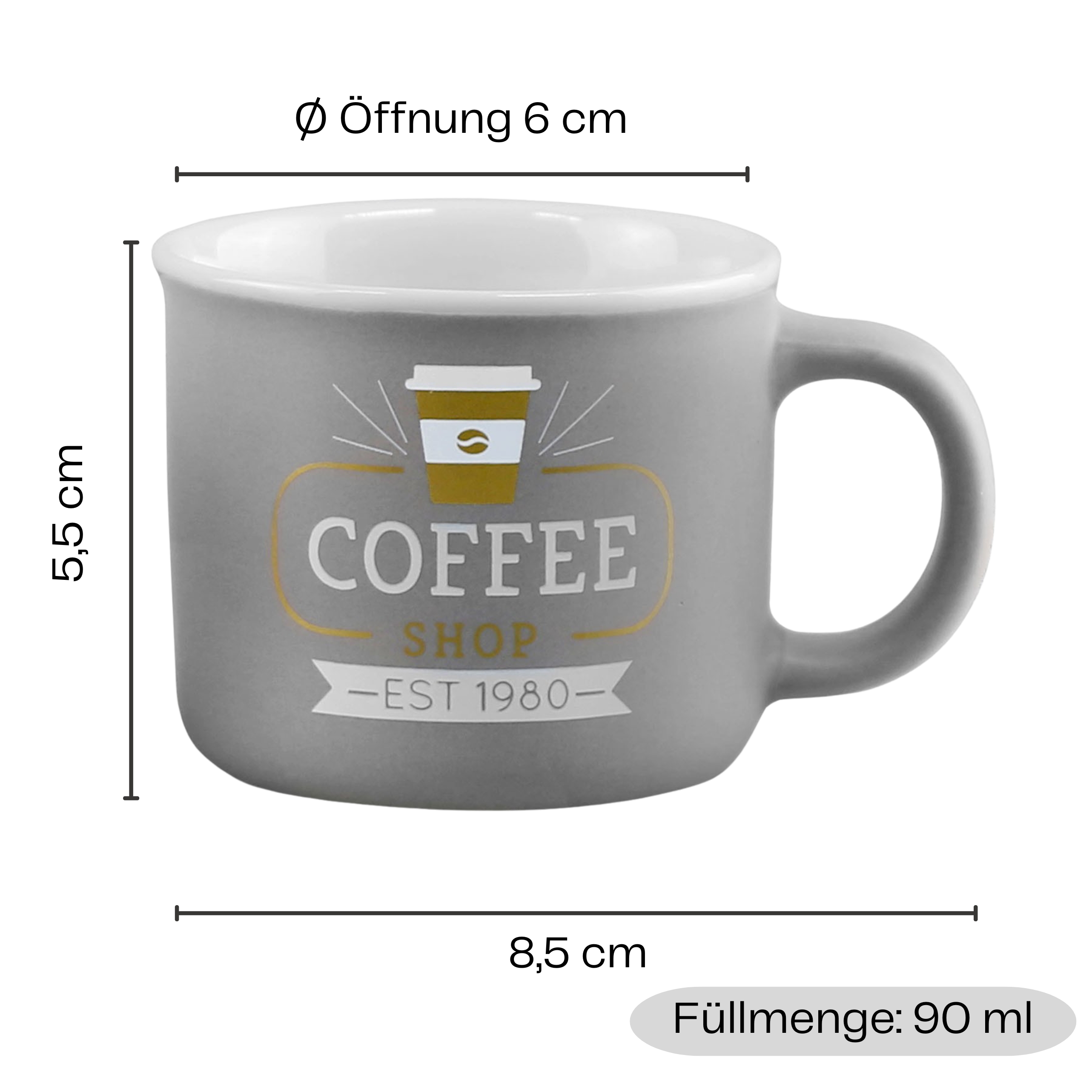 6-tlg. Set Espressotassen mit Henkel im Vintage-Look 90 ml