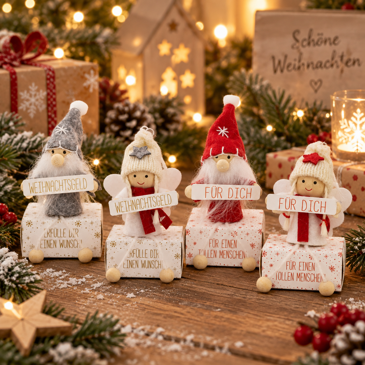 Wichtel "Weihnachtsgeld" auf Box für Geldgeschenke 4 x 5 x 10 cm