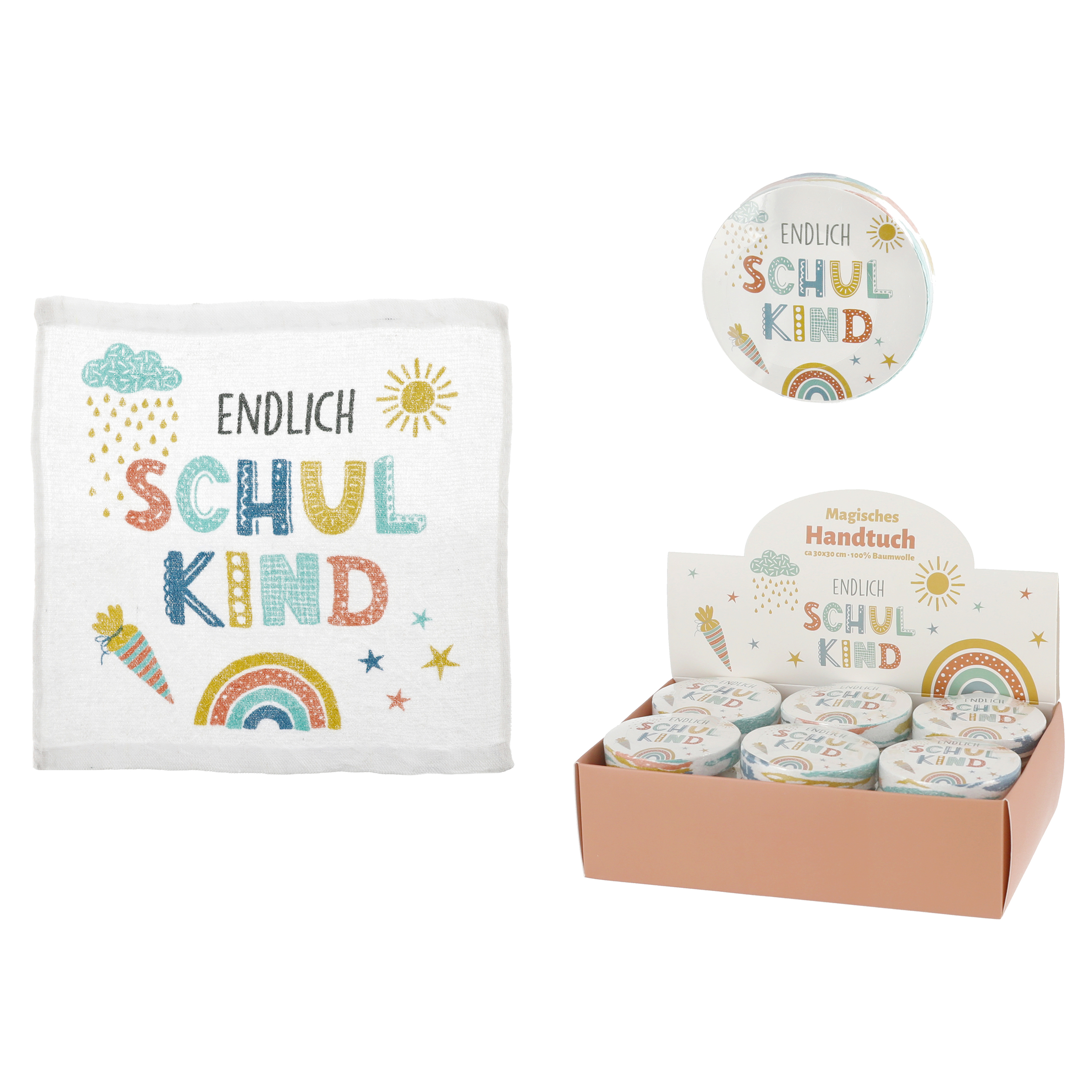 Magisches Handtuch "Endlich Schulkind" 30 x 30 cm - Baumwolle