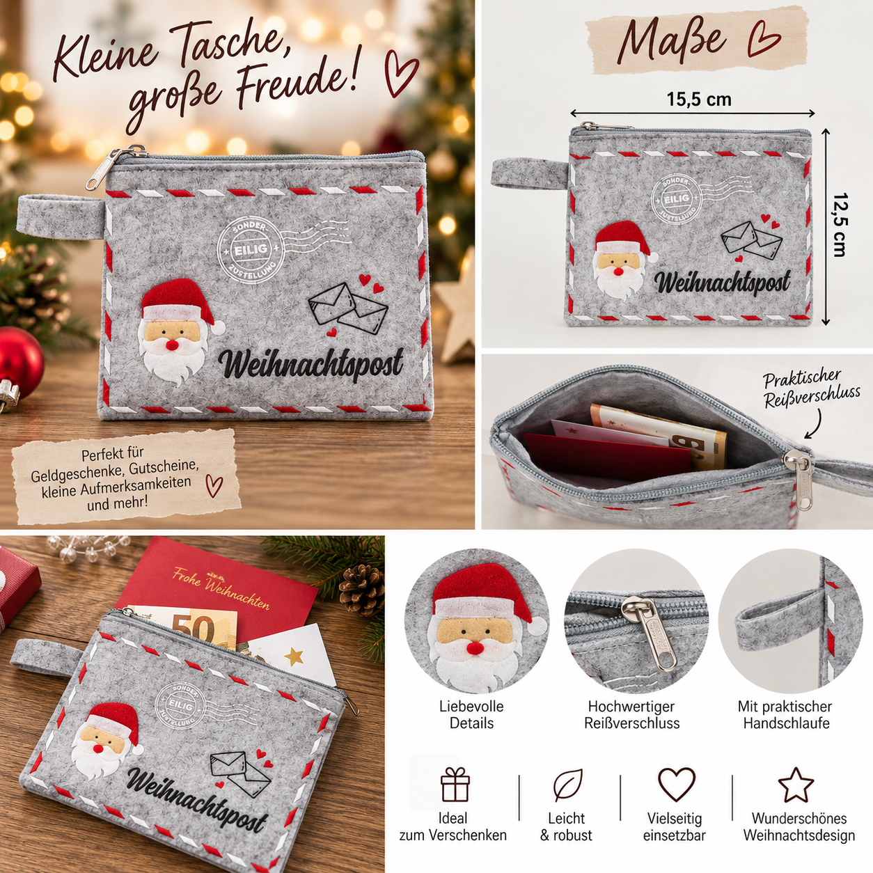 Filztäschchen Weihnachten für Geldgeschenke oder kleine  Mitbringsel 15,5 x 12,5 cm