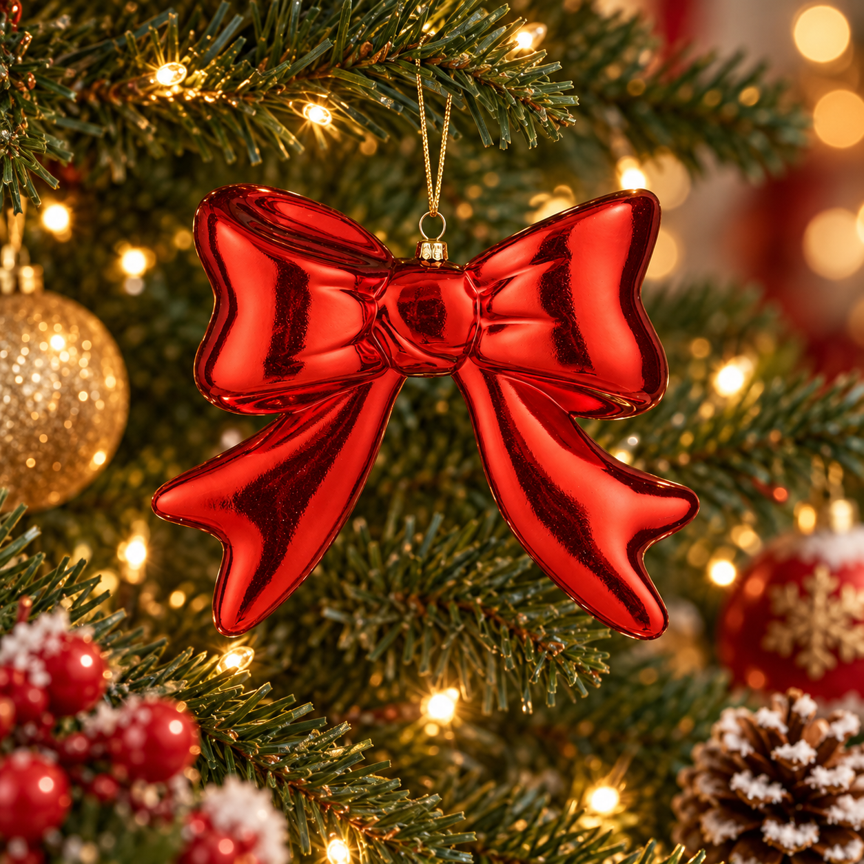Weihnachtliche Schleifen aus Kunststoff 3D Rot Gold zum Aufhängen 8,5 oder 20 cm