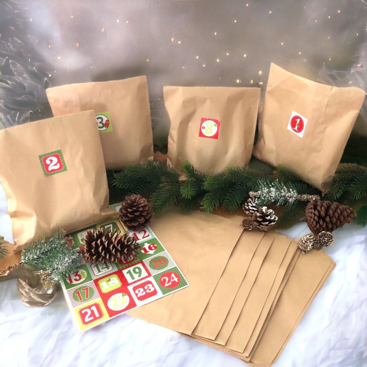 DIY Adventskalender mit 24 braunen Beuteln und Zahlensticker von 1-24