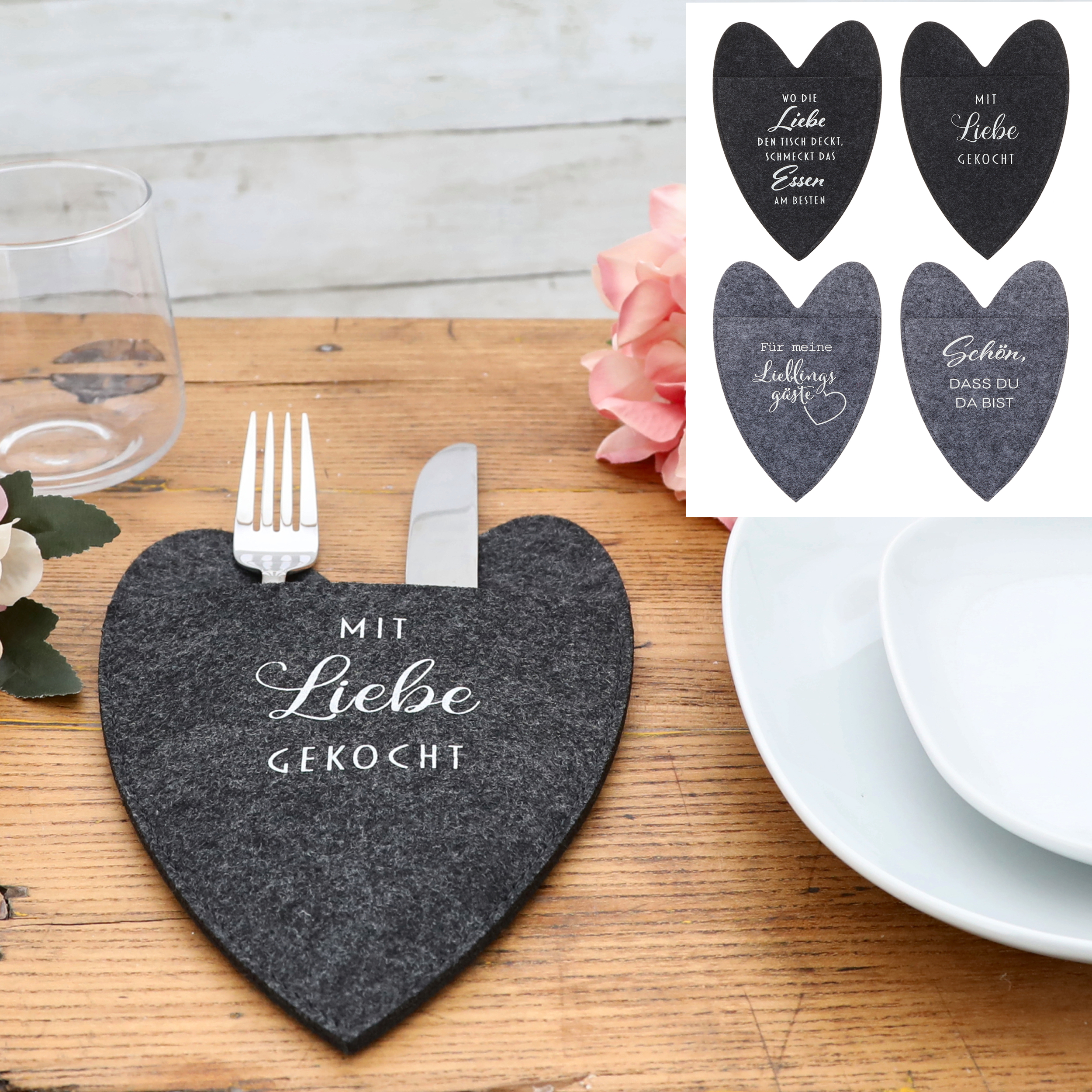 6 x Bestecktasche aus Filz in Herz- oder rechteckiger Form mit Spruch 15 x 23 cm