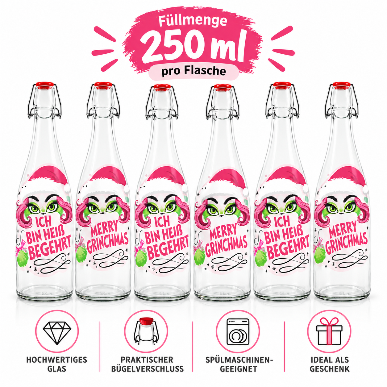 6er Set X-Miss Glasflaschen mit Lady Design in Pink - 250 m oder 500 ml