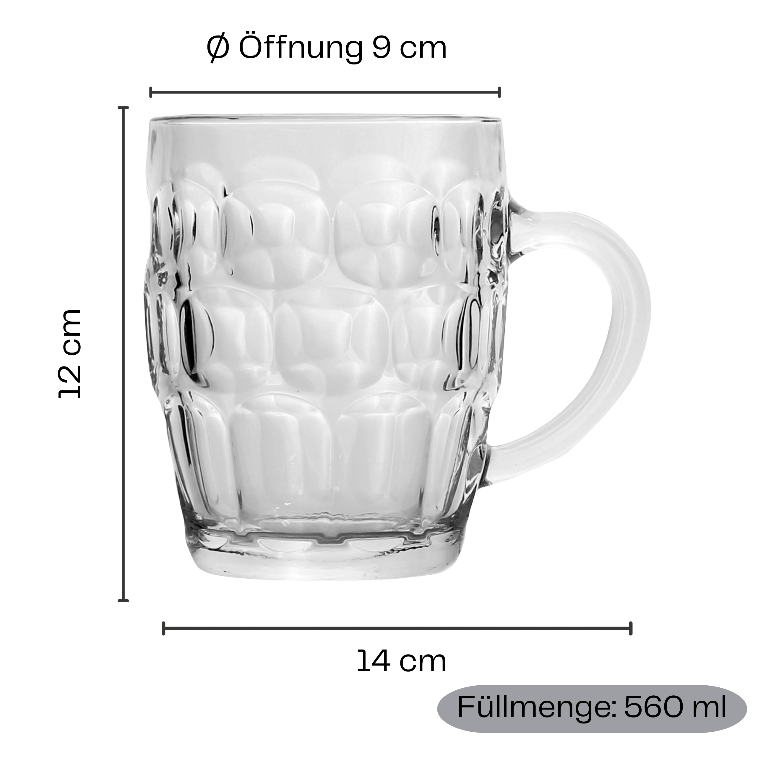 6 x Krug aus Glas 560 ml - Bierkrug mit Henkel