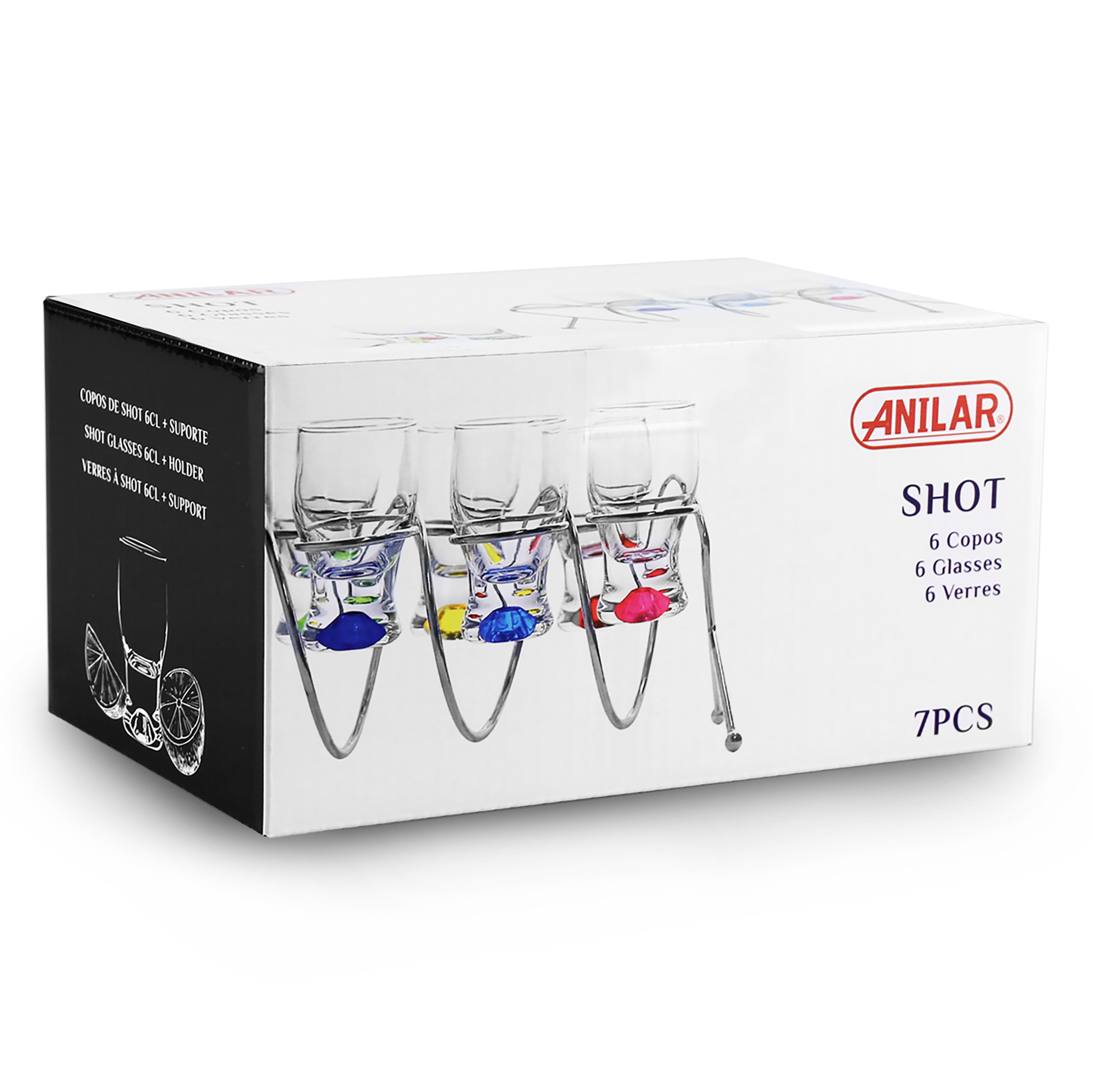 7-tlg. Set Schnapsgläser 40 ml mit buntem Boden und Metallständer
