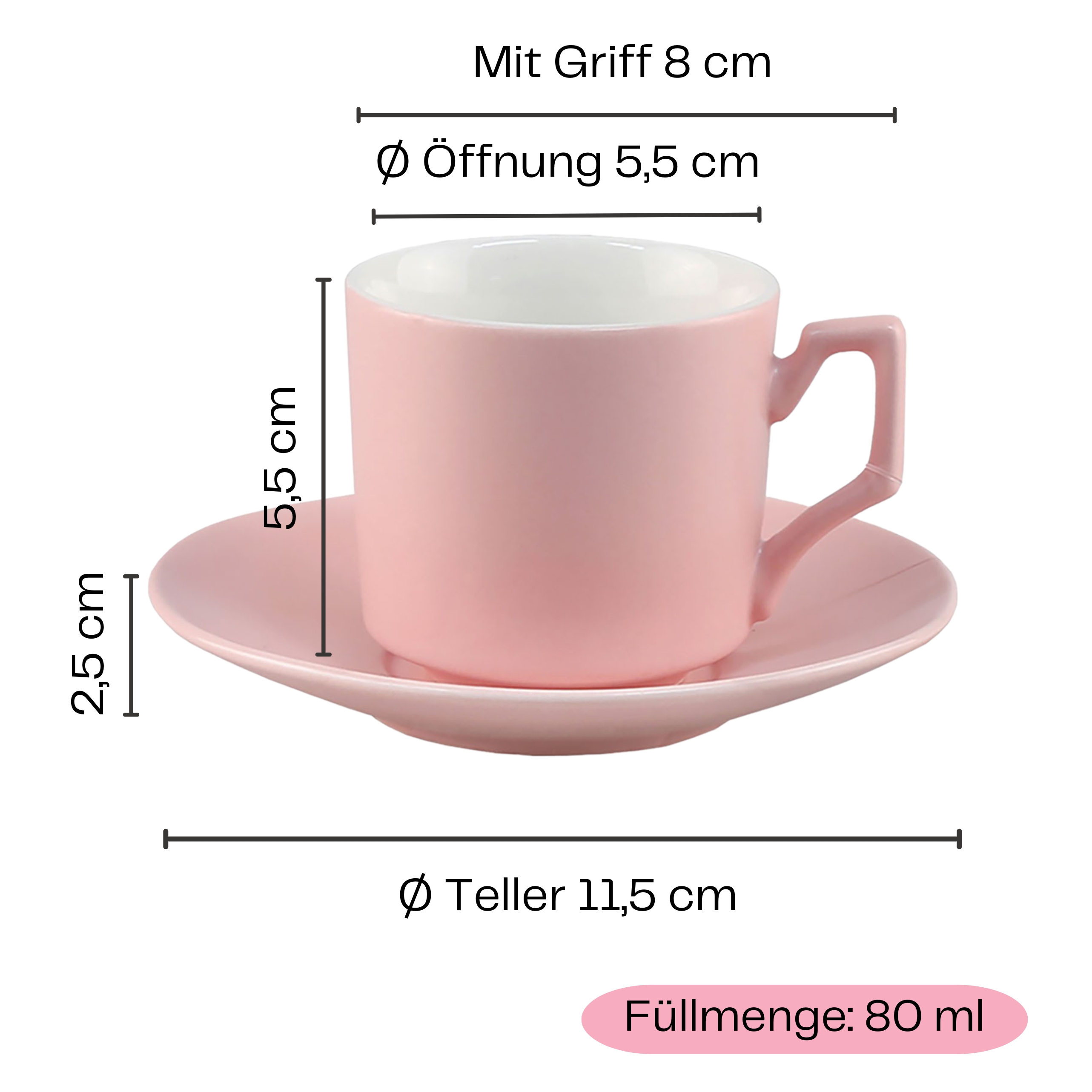 4-tlg. Espressotassen Set mit Unterteller aus Keramik 80 ml
