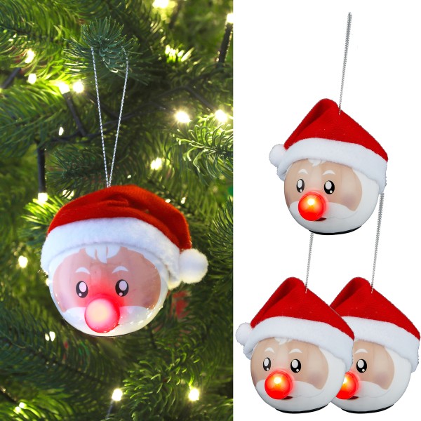 3 x LED Christbaumkugeln Nikolaus mit blinkender LED-Nase Ø 6,5 cm