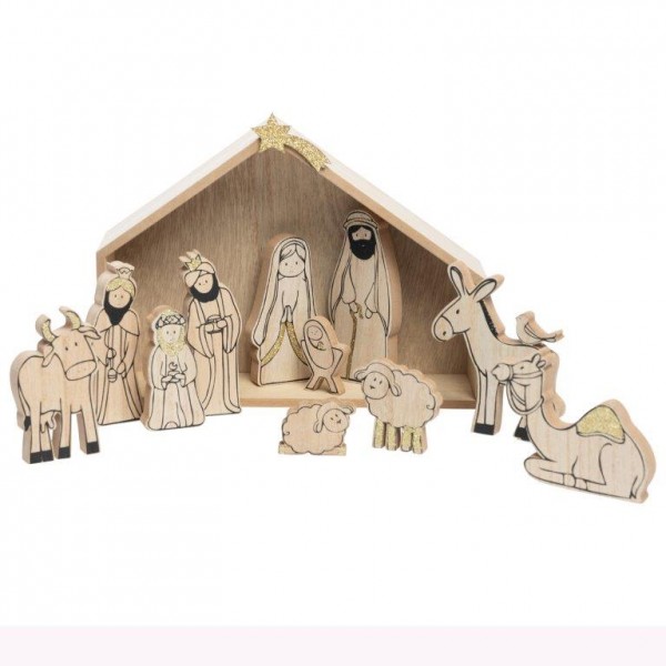 13-tlg. Set Weihnachtskrippe aus Holz mit Figuren - 25 x 19 x 6 cm (L/B/T)